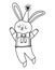 Vector cute black and white jumping rabbit in birthday hat. Funny b-day animal for card, poster, print design. Outline holiday