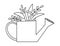 Vector cute black and white watering can with plants icon isolated on white background. Outline spring garden tool illustration.