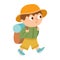 Vector cute boy with backpack. Hiking traveler isolated on white background. Outdoor tourist icon. Cute cartoon kid doing summer