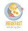 Vector cute breakfast: eggs, toast bread, tomatoes and dill on a plate. Vector colorful grunge hipster illustrations.