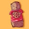 Vector of a cute brown ferret munching on a chocolate chip cookie. Adorable cartoon weasel wearing a red turtleneck sweater