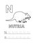 Vector Cute Cartoon Animals Alphabet and Tracing Practice Letter N. Nutria Coloring Pages