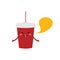Vector cute cartoon red disposable plastic soda cup character with speech bubble, talking, giving advice, information
