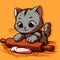 Vector of a cute cat baking and cooking biscuits. Drawing of an anthropomorphic animal kneading the dough