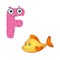 Vector Cute Childish Cartoon English Alphabet. Letter F With Fish. The Letter Like Little Monster. Flat style. Vector