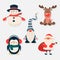 Vector Cute Christmas Characters and Animals. Patch, Sticker Set. Santa Claus, Snowman, Reindeer, Gnome, Penguin in