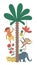 Vector cute composition with exotic animals, African boy, leaves, flowers, fruits. Funny tropical aboriginal, monkey and plants