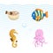 Vector cute different sea and ocean animals set. Colorful fish, seahorse, jellyfish, blowfish.