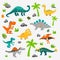 Vector Cute and Funny Flat Dinosaurs - T-rex, Stegosaurus, Velociraptor, Pterodactyl, Brachiosaurus, Ankylosaurus