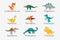 Vector Cute and Funny Flat Dinosaurs with Titles - T-rex, Stegosaurus, Velociraptor, Pterodactyl, Brachiosaurus