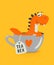 Vector Cute and Funny Textured Cartoon Dinosaur in Tea Cup. Mug with Hot Tea Beverage and Tea Rex. Hand Drawn