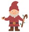 Vector cute garden gnome. Funny dwarf with bird, and stick isolated on white background. Traditional gardening leprechaun