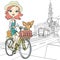 Vector cute girl with dog on the bike in Amsterdam