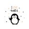 Vector cute hand drawn black Penguin and hand lettering I love winter isolated on white background.