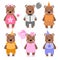 Vector cute happy bear, girls and boys.dressed in different clothes. Scrapbooking print. congratulate card.