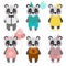 Vector cute happy panda.dressed in different clothes, girls and boys.Scrapbooking print. congratulate card.