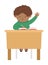 Vector cute happy schoolboy sitting at the desk with hand up. Elementary school classroom illustration. Clever dark skinned kid at