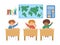Vector cute happy schoolchildren sitting at the desks with hands up. Elementary school classroom illustration. Clever kids at the