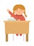 Vector cute happy schoolgirl sitting at the desk with hand up. Elementary school classroom illustration. Clever kid in glasses at