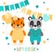 Vector cute happy tiger panda, girls and boys. Scrapbooking print. congratulate card.