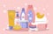 Vector cute illustration - bath accessories. towels, bubble bath, gels, creams, duck, soap, washcloth