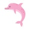 Vector cute illustration of a funny pink dolphin jumping fun on a white background
