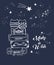 Vector cute illustration of hand drawn loving cats sitting on old suitcases and looking at night sky with falling stars