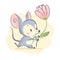 Vector cute illustration of little grey mouse character hold big pink tulip flower stand isolated on white background. Hand drawn