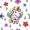 Vector cute illustration with pegasus shy baby unicorn with wings seamless pattern