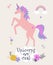 Vector cute illustration of unicorn with flowers and rainbow.