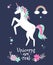 Vector cute illustration of unicorn with flowers and rainbow.