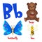 Vector cute kids cartoon alphabet. Letter B with teddy bear, butterfly and bee.