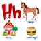 Vector cute kids cartoon alphabet. Letter H with horse, house and hamburger.