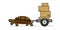 Vector cute land turtle carrying a cart with boxes, side view; cardboard boxes with marking; slow delivery; isolated on a white