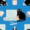Vector cute laptop and cartoon cat seamless pattern background. Black feline interrupting business office work flow