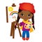 Vector cute Little African American Artist Panting on Easel. Vector Little Girl