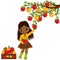 Vector Cute Little African American Girl Picking Apples from the Tree