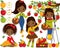 Vector Cute Little African American Girls Picking Apples in Orchard
