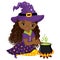 Vector Cute Little African American Witch Cooking Magic Potion in Cauldron