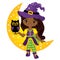 Vector Cute Little African American Witch with Owl and the Moon