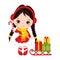 Vector Cute Little Girl with Candy Stick Sledge and Christmas Gift Boxes