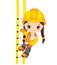 Vector Cute Little Girl Climbing up the Ladder and Holding Drawings. Vector Little Builder