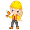 Vector Cute Little Girl Drilling. Vector Little Builder. Vector construction 