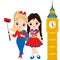 Vector Cute Little Girls Making Selfie with View of the Big Ben