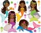 Vector Cute Little Mermaids with Marine Animals. Vector African American Mermaids