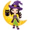 Vector Cute Little Witch with Owl Sitting on the Crescent