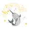 Vector cute narwhal character with horn flat icon