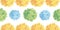 Vector Cute Pastel Yellow, Blue, Green Birthday Party Paper Pom Poms Set Horizontal Seamless Repeat Border Pattern