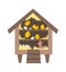 Vector cute roost icon with hatching chicks and hen inside. Funny perch illustration for kids. Farm or garden birds house isolated