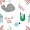 Vector cute seamless pattern with marine animals. Scandinavian motives. Children's print. Hand-drawn illustration.